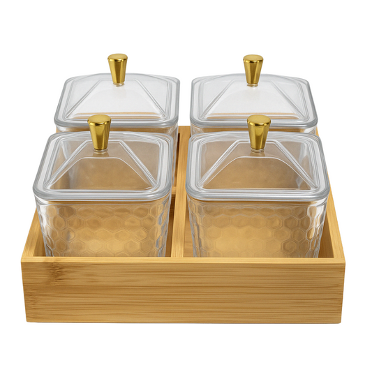 4-Piece Glass Jar Set with Bamboo Tray & Gold Lids