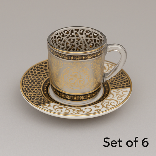 Luxury Arabic Coffee Cup & Saucer Set – White Gold (Set of 6)