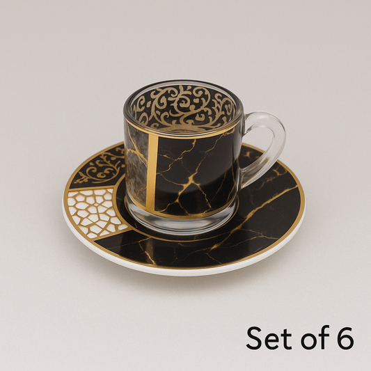 Black Marble & Gold Arabic Cup & Saucer Set (Set of 6)